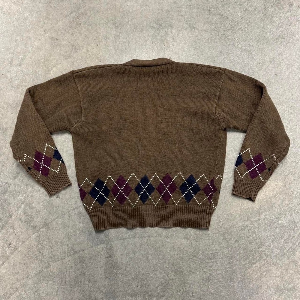 Vintage Brown Cardigan Cotton Argyle Sweater Preppy Retro Fall Essential Small - Picture 2 of 6
